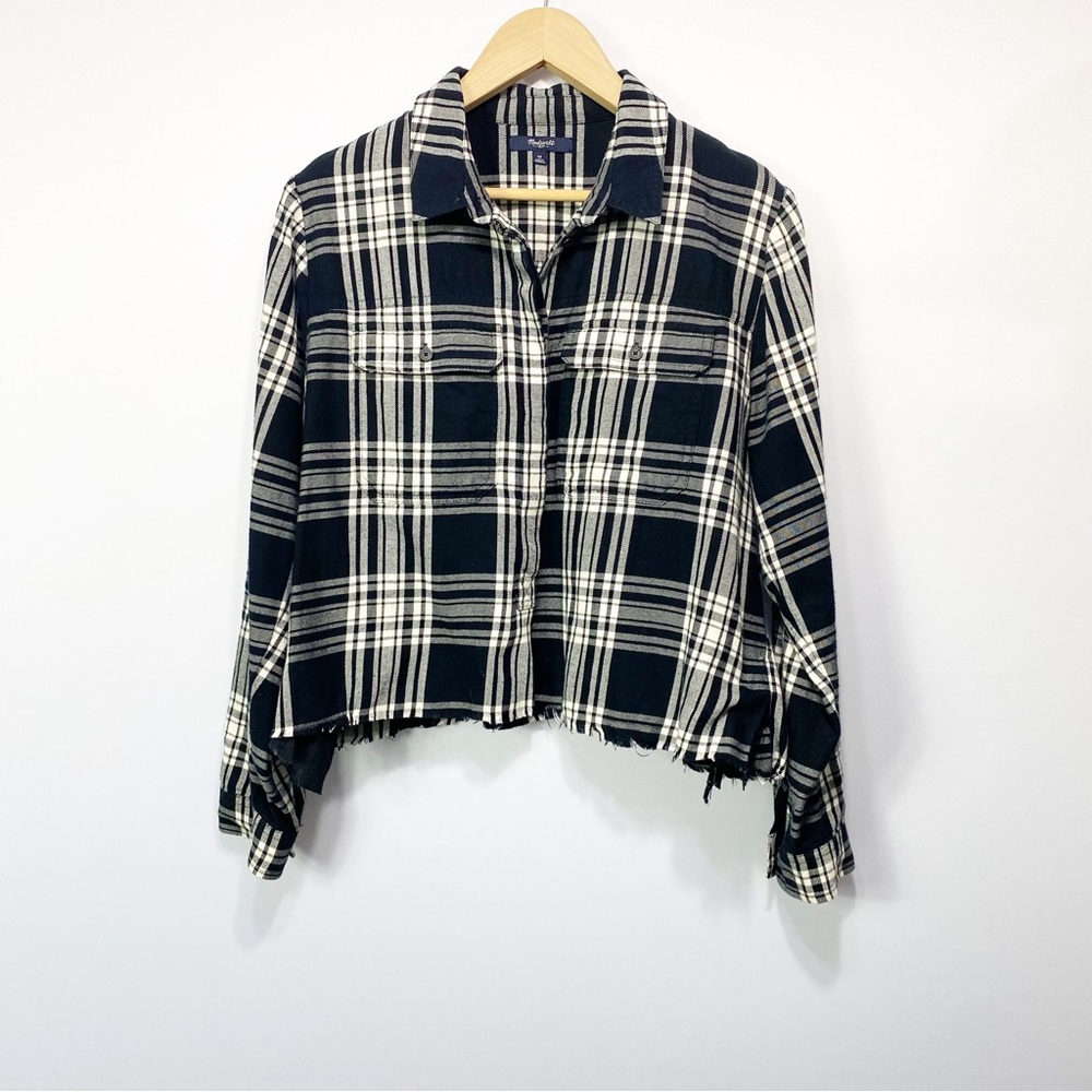 Madewell- Black Plaid crop Half Button Up Pullover M